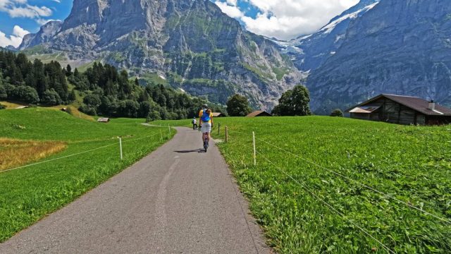 gx010889 trottinet blick auf oberer grindelwaldgletscher mit ferienhäusern im vordergrund