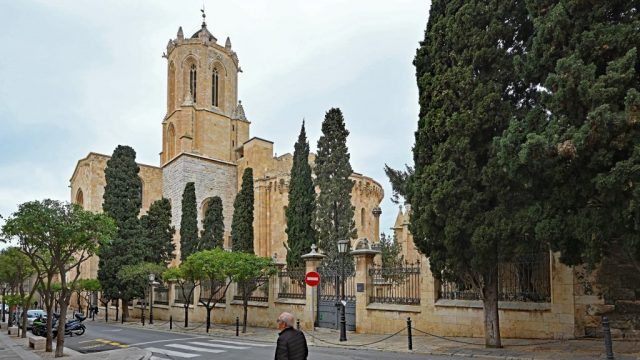 Blick auf die mächtige romanisch-gotische Apsis und den monumentalen achteckigen Glockenturm der Kathedrale nz7 0743