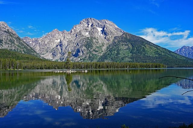 Eine vollkommene, spiegelglatte Symmetrie von Mount Moran und Mystic Isle auf der Oberfläche des Leigh Lake dsc 8269